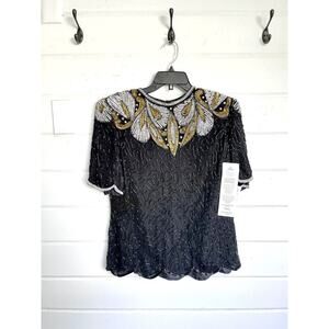 NWT LAURENCE KAZAR NWT 80’s VINTAGE Black/Gold Silk Beaded Sequin Blouse Size M